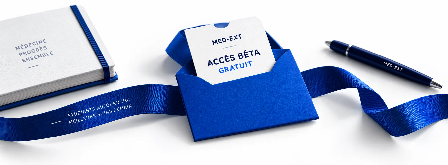 Une invitation gratuite à la bêta MED-EXT dans une enveloppe bleue, avec un carnet, un stylo et un ruban.