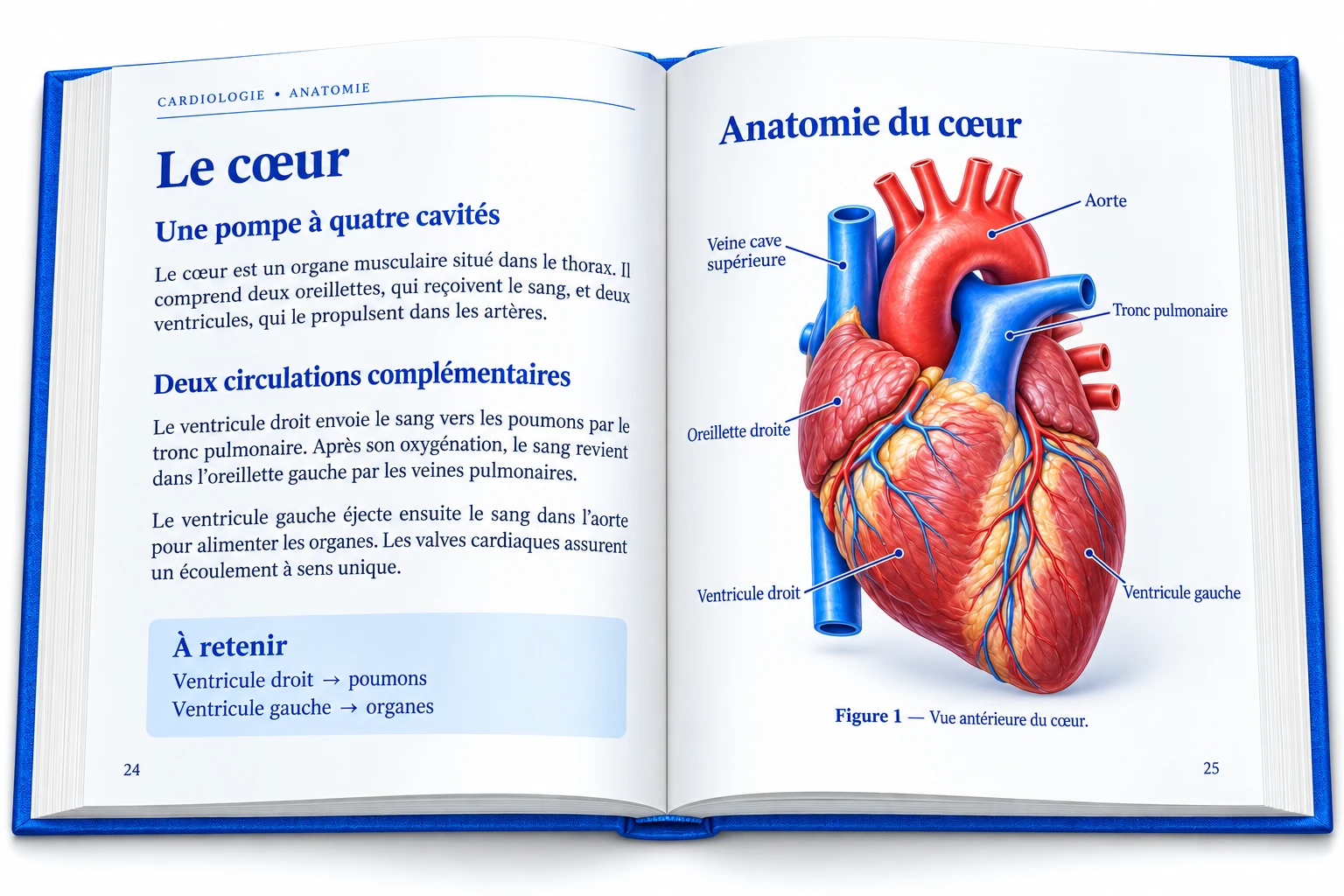 Livre de cardiologie ouvert : texte sur la circulation et illustration légendée du cœur.